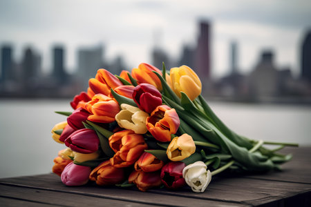 Bouquet of tulips on the background of the New York City skylineの素材