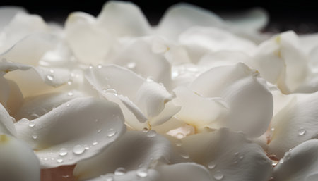 White rose petals with water drops on black background. Close up.の素材