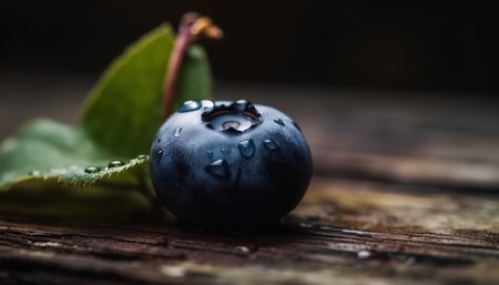 Fresh blueberry with water drops on wooden table. Shallow DOFの素材