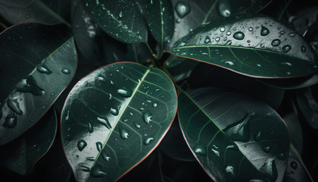 Green leaves with water drops, close-up. Nature background.の素材