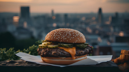 Big hamburger on table with city skyline background. Toned.の素材
