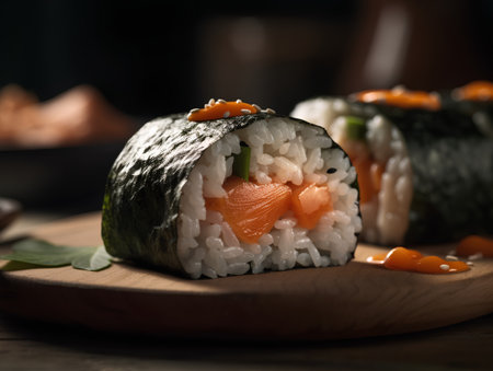 Sushi roll with salmon, rice, cucumber and nori.の素材