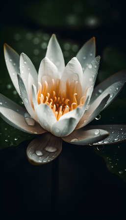 Beautiful white water lily with dew drops on dark backgroundの素材