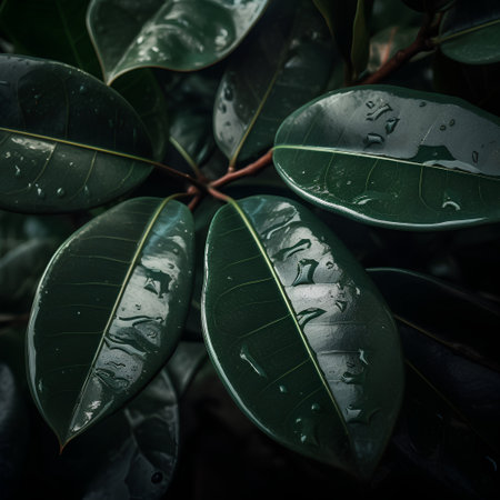 Close up of water drops on the leaves of a ficus treeの素材