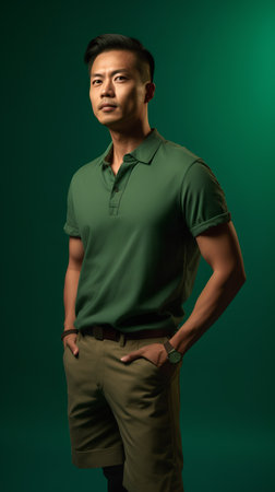 Portrait of handsome asian man in green polo shirt.の素材