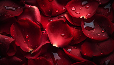 Red rose petals with water drops. Valentines Day background.の素材