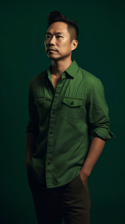 Portrait of handsome asian man in green shirt on dark backgroundの素材