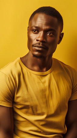 Young african american man in yellow t-shirt posing on yellow backgroundの素材