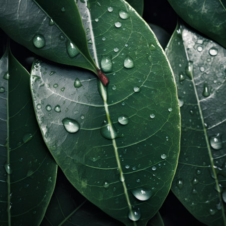 Water drops on green leaves. Nature background. Selective focus.の素材