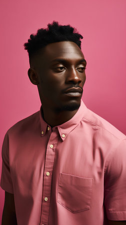 Stylish african american man in pink shirt on pink backgroundの素材