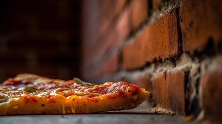 Pizza on a brick wall background. Selective focus. Toned.の素材