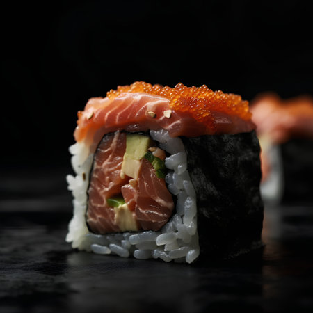 Sushi roll with salmon, avocado and cucumber on a black backgroundの素材