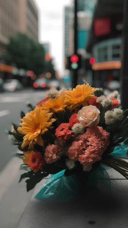 Bouquet of flowers on the street in the city, vintage toneの素材