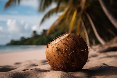 Coconut on the beach with palm trees in the background.の素材