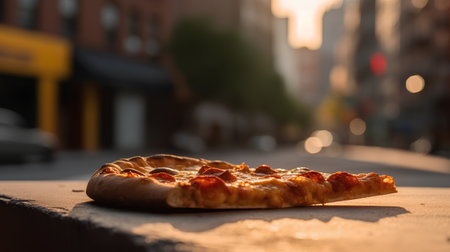 Pizza on the street in the evening. Selective focus.の素材