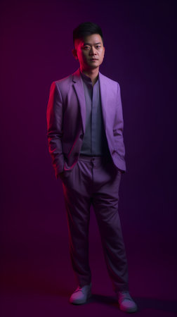 Young asian business man in violet suit and tie on purple backgroundの素材