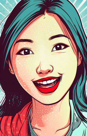 Beautiful smiling girl in comics style. Vector illustration. Girl face.の素材