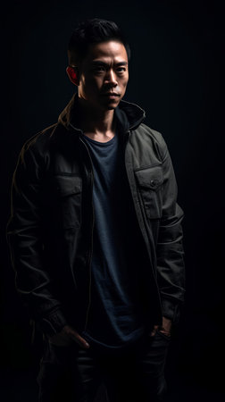 Young handsome asian man in black leather jacket on black background.の素材