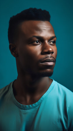 Portrait of a young african american man on a blue backgroundの素材
