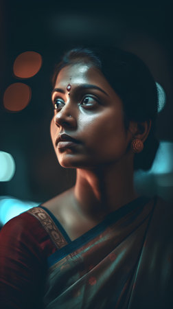 Portrait of a beautiful indian woman in sari at nightの素材