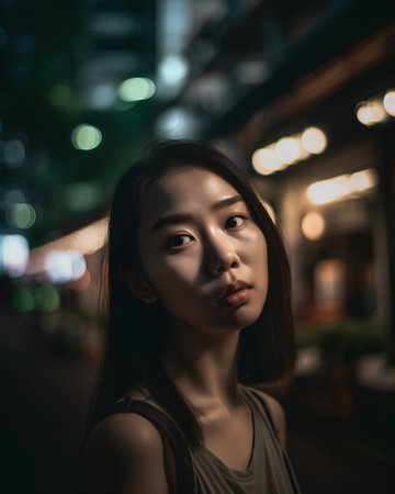 Beautiful young asian woman in the city at night, lifestyle portraitの素材