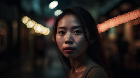 Portrait of a beautiful young asian woman in the city at nightの素材