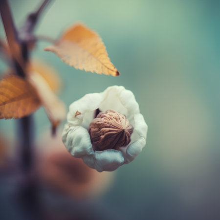 White cotton flower with autumnal yellow leaves on blurred background, retro tonedの素材