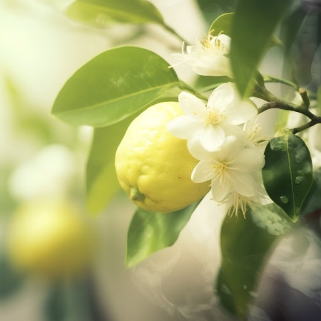 Lemon on a branch of lemon tree with white flowers. Vintage style.の素材