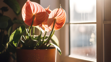 Beautiful anthurium flowers in a pot on the windowsillの素材