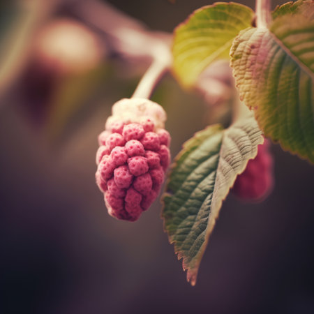 Mulberry fruit on the tree in the garden. Selective focus.の素材