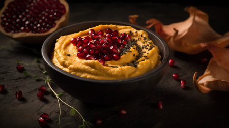 Hummus with pomegranate seeds on dark background.の素材