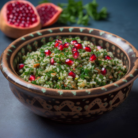 Traditional tabbouleh salad with bulgur and pomegranate seedsの素材