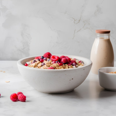 Healthy breakfast. Muesli with fresh raspberries and oatmeal in ceramic bowlle background.の素材