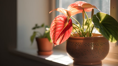 Anthurium andraeanum in a pot on a windowsillの素材