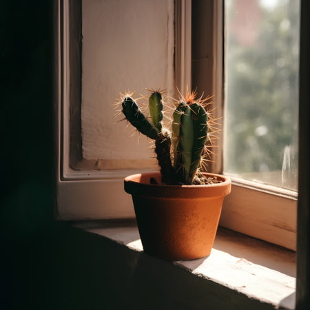 Cactus in a pot on the windowsill. Vintage style.の素材