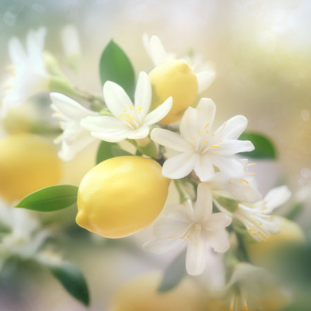 Lemon blossom and lemon tree branch with flowers on blurred natural backgroundの素材