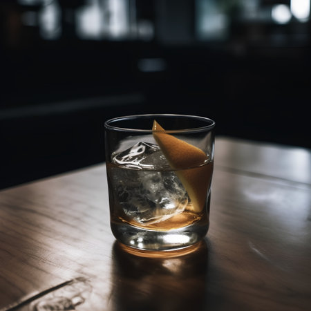 Glass of whiskey with ice cubes and lemon peel on a wooden tableの素材