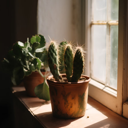 Cactus in a pot on the windowsill. Cactuses in the sunlight.の素材