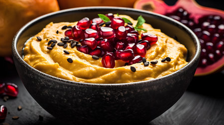 Bowl of hummus with pomegranate seeds on black wooden tableの素材
