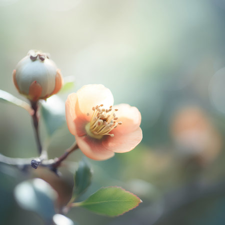 Japanese quince flowers blooming in the garden. Soft focus.の素材