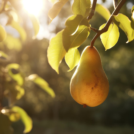 Ripe pear on the tree in the garden in the rays of the sunの素材