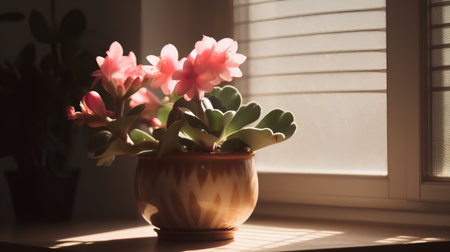 Pink cactus in a vase on the windowsill with sunlightの素材