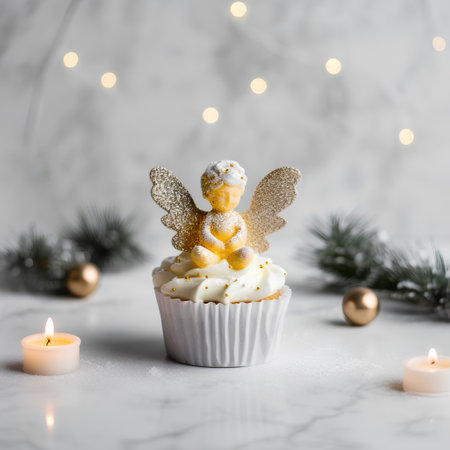 Christmas cupcake with angel on a white marble background with bokehの素材