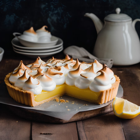Lemon tart with meringue on wooden background. Square imageの素材