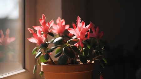 Christmas cactus in a pot on the windowsill. Shallow depth of fieldの素材