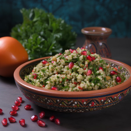 Tabbouleh - traditional middle eastern salad with couscous, pomegranate and parsleyの素材
