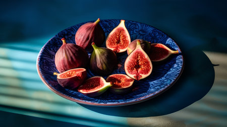 Fresh figs in a blue ceramic plate on a blue background.の素材