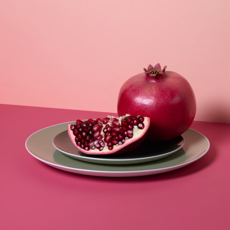 Pomegranate on a plate on a pink background. 3d renderingの素材