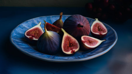 Fresh figs on a blue plate on a dark blue background.の素材