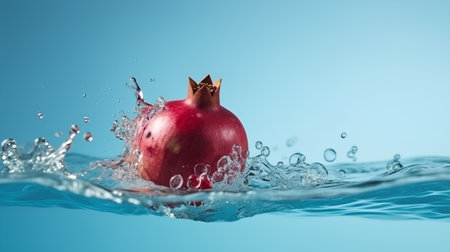 Pomegranate in water splashes, isolated on blue backgroundの素材